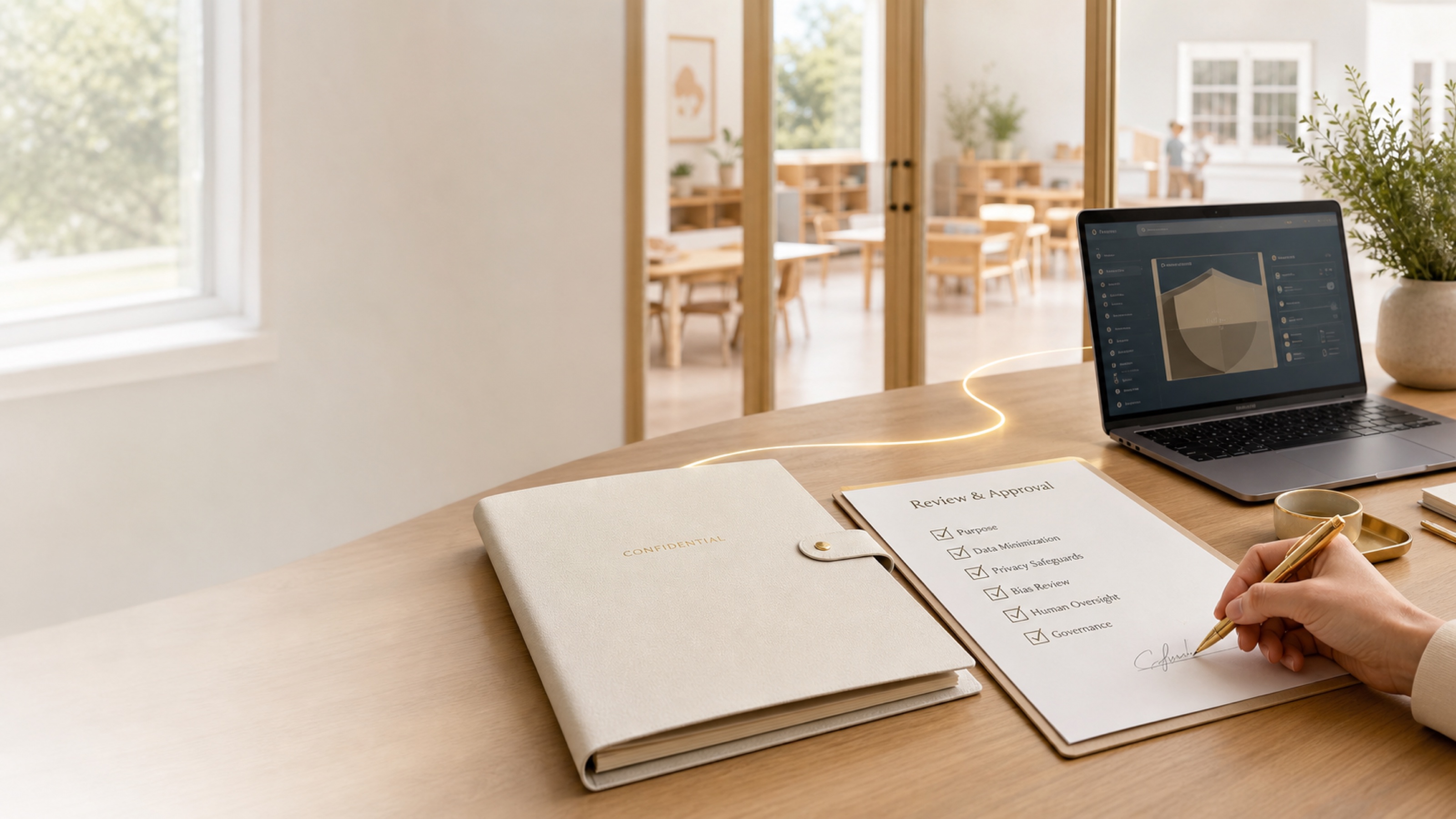 A governed digital workspace beside a human approval checklist